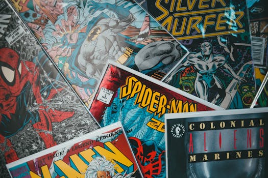 A vibrant assortment of iconic superhero comic books in a dynamic flat lay arrangement.