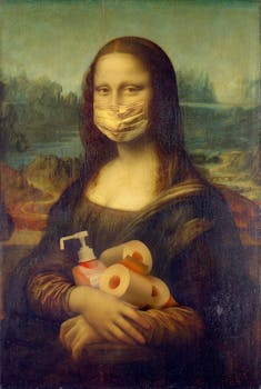 Creative version of the Mona Lisa featuring a face mask and pandemic essentials.