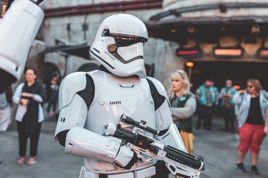 Stormtrooper character in costume at a busy sci-fi themed park event.