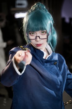 Stunning portrait of a cosplayer with blue hair and glasses striking a dynamic pose.