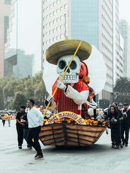 Vibrant Day of the Dead parade in Ciudad de México with festive floats.