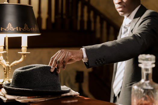 A moody noir detective scene with a man reaching for a fedora under warm lighting.