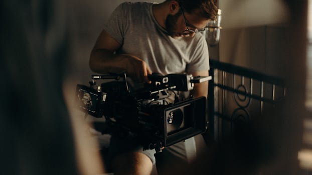 Man adjusting a professional video camera in an indoor setting, capturing behind-the-scenes moments.