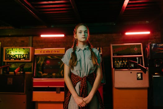 Teenage girl with pigtails in an arcade setting with neon lighting and vintage games.